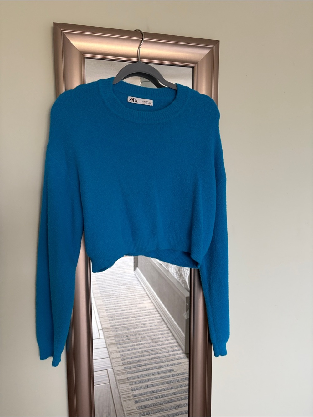 ZARA Teal Blue Cropped Crewneck Sweater